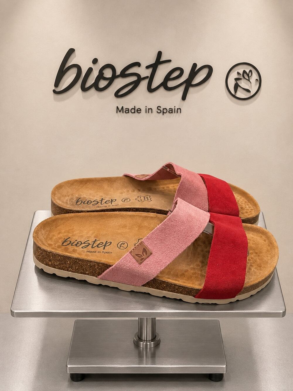 BioStep Pink Red Suede Leather Crisscross Cork Footbed Sandals 7.5